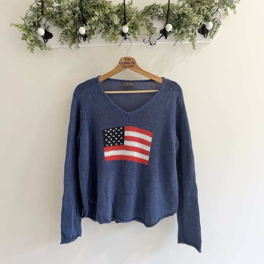 Wooden Ships Blue American Flag Knit Sweaters M/L bb605 patriotic